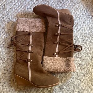 NWOT Brown Wedge Boots with Fur Trim